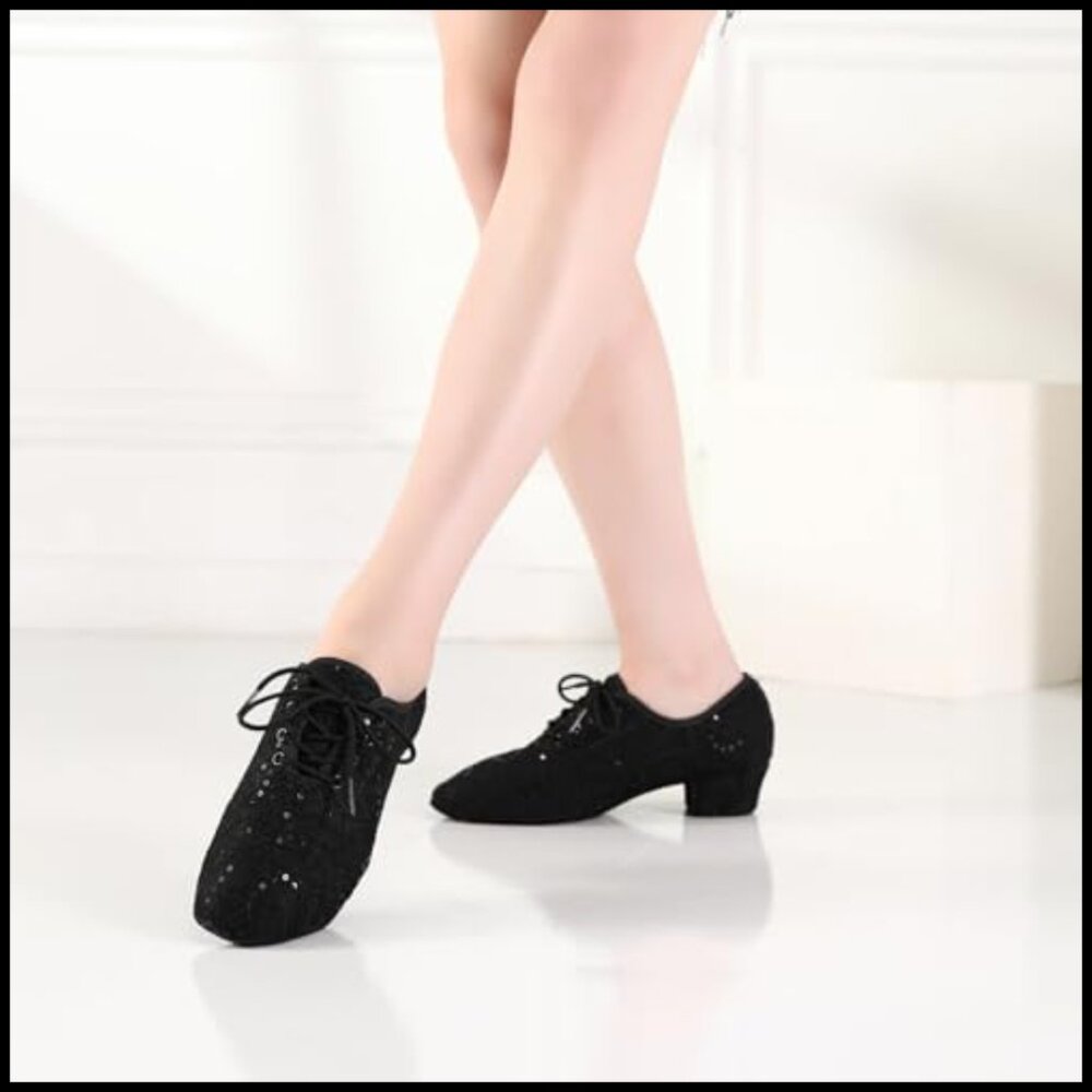 Latin Dance Shoes Lace Up Ballet Practice Elegant Glitter Salsa Teaching - Picture 3 of 7